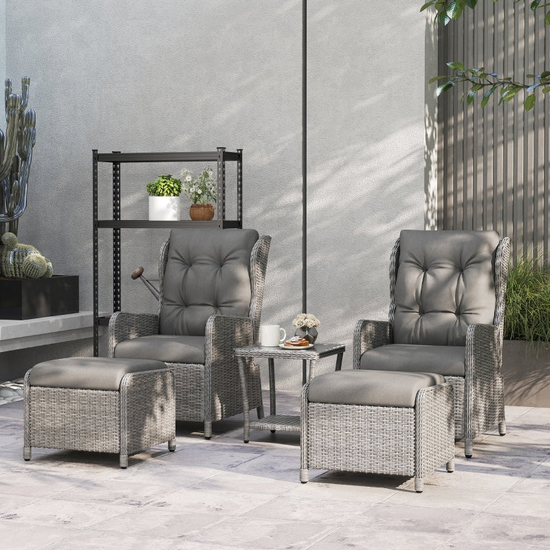 5-Piece Light Grey Rattan Bistro Set - Adjustable Back Reclining Wicker Balcony Furniture with Cushions, Glass Top Coffee Table & Footstools for Outdoor Use