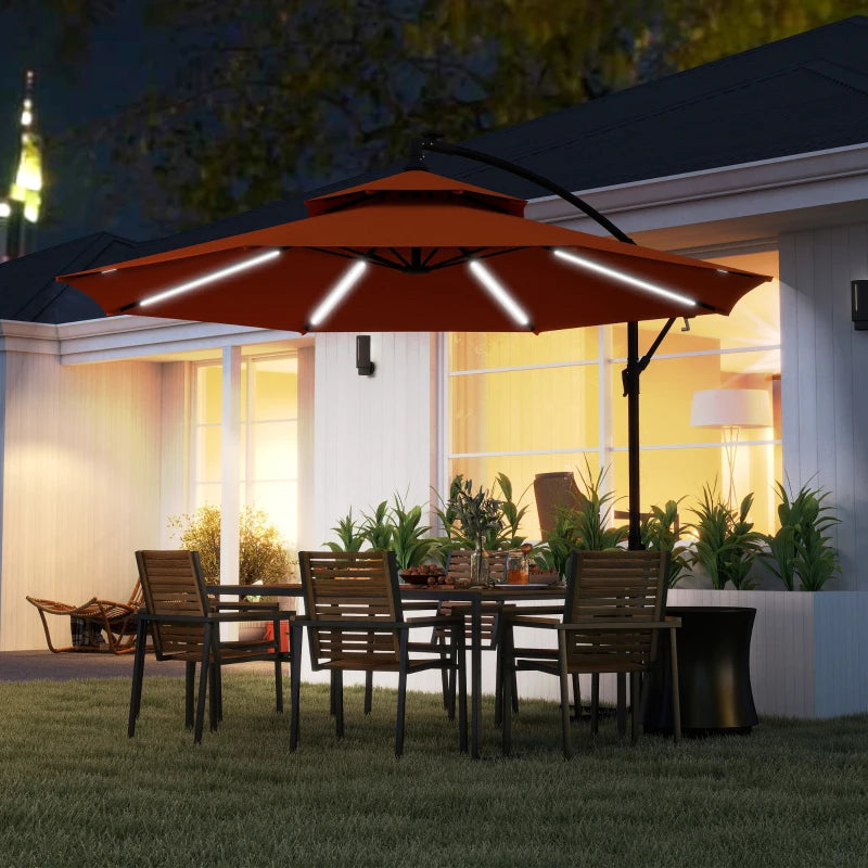 3m Orange LED Lighted Patio Umbrella - Overhanging Garden Parasol for Outdoor Use