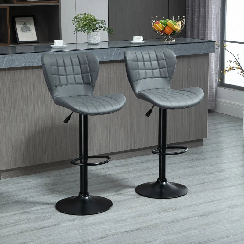 Adjustable Height Swivel Bar Stools Set of 2 - Grey PU Leather Chairs with Backrest & Footrest