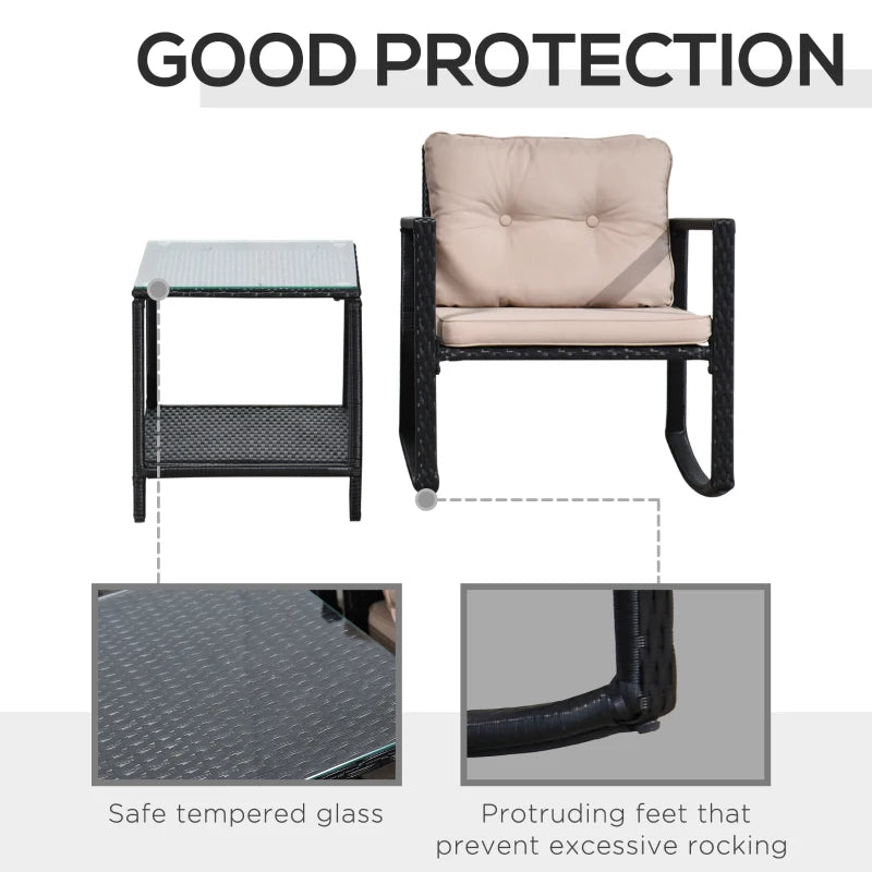 Black Rattan Rocking Chair Set with Cushioned Armchairs and Coffee Table