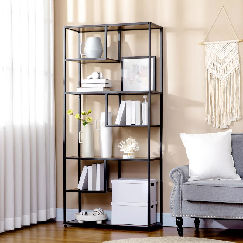 Industrial 6-Tier Metal Bookcase Shelf - Rustic Brown Storage Shelves for Living Room, Home Office & Bedroom