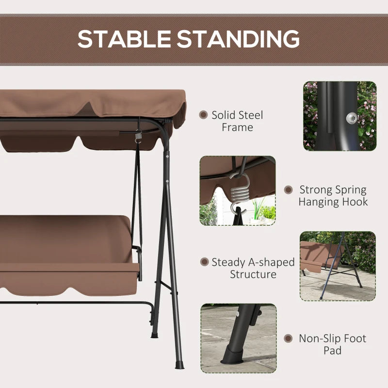 Brown 3-Seat Garden Swing Chair with Adjustable Canopy