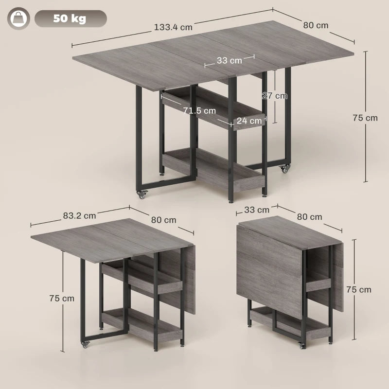 4-Person Drop Leaf Table - Stylish Grey Wood-Effect Dining Table for Small Spaces - Versatile and Space-Saving Design