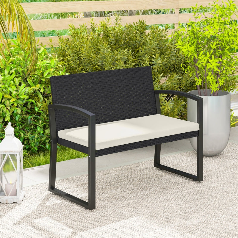 Two-Seater Rattan Garden Bench - Beige and Black - Outdoor Patio Furniture