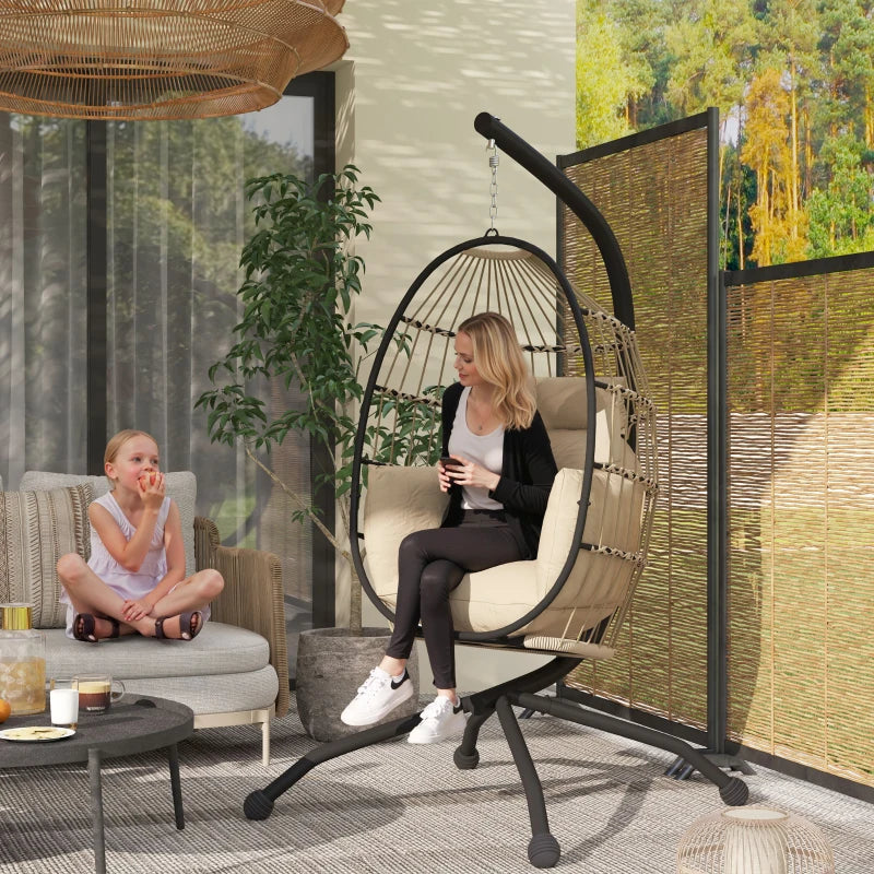 Hanging Egg Chair - Khaki - Outdoor Indoor Garden Swing Chair with Stand, Folding Basket, Thickened Cushion, Headrest & Cup Holder - Perfect for Patio & Balcony