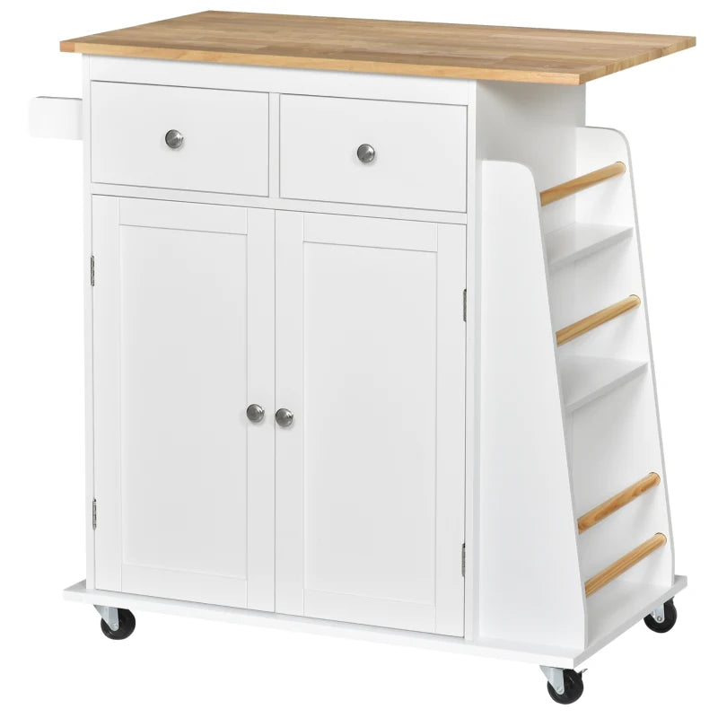Mobile Kitchen Island on Wheels - Rolling Storage Trolley with Rubber Wood Top, 2-Door Cabinets, Adjustable Shelf & Spice Rack