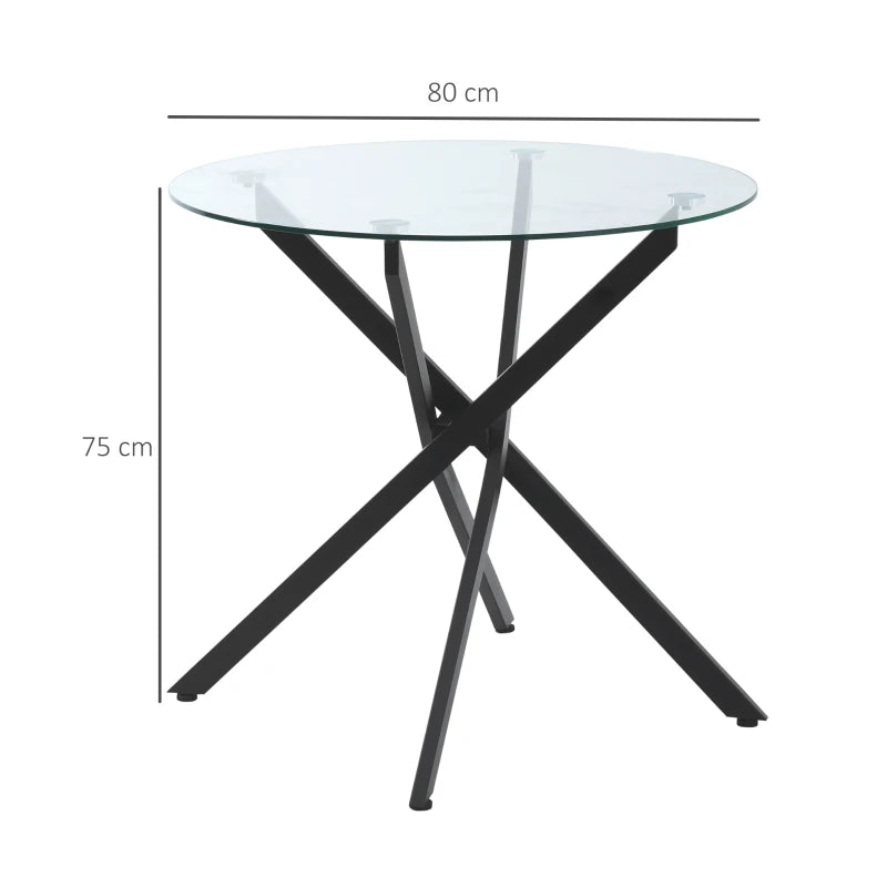 Modern Round Dining Table with Clear Tempered Glass Top & Metal Legs - Stylish Kitchen & Living Room Furniture, Black