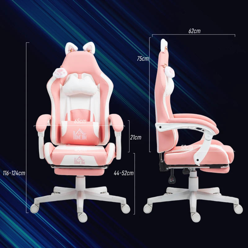 Cat Ear & Paw Reclining Office Chair with Footrest - Stylish Pink/White Design for Comfort & Fun