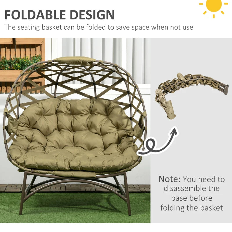 Khaki Folding 2 Seater Outdoor Egg Chair with Cushion and Cup Holders