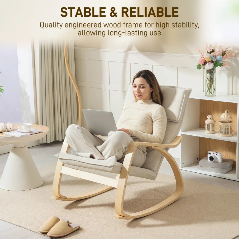 Comfortable Upholstered Rocking Chair with High Back and Headrest for Living Room and Bedroom in Cream White