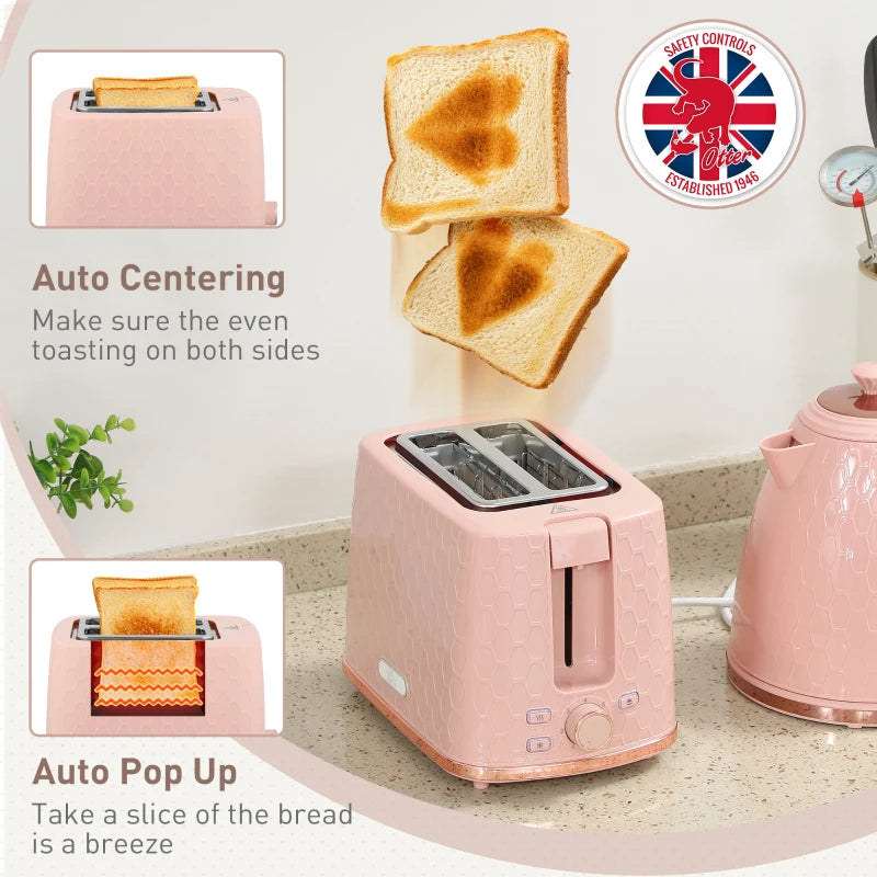Light Pink 1.7L Fast Boil Kettle & 2 Slice Toaster Set - 3000W, Auto Shut Off, Browning Controls