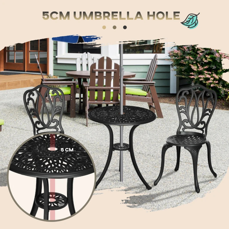 3 Piece Black Cast Aluminium Garden Bistro Set with Umbrella Hole - Outdoor Furniture for Balcony, Porch, Patio