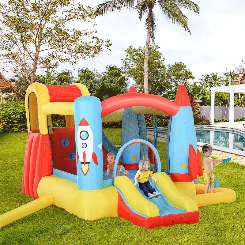 Inflatable Bounce Castle Trampoline Slide Pool Rocket Design 3.4m x 2.8m x 1.85m for Kids Outdoor Fun