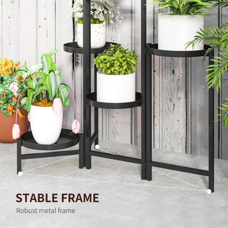 3 Tier Foldable Black Metal Plant Stand - Indoor Outdoor Corner Flower Pot Holder for Patio, Garden, Balcony, Living Room
