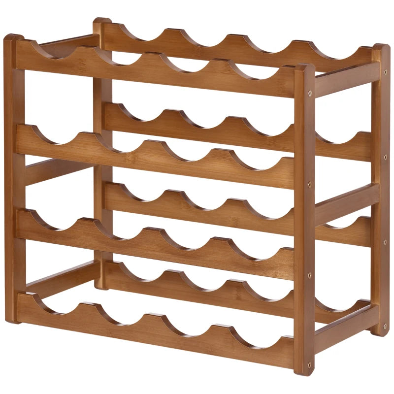 Free Standing Bamboo Wine Rack - 16 Bottle Holder, 4-Tier Water Bottle Organizer, Stylish Display Shelf for Home Bar, Brown