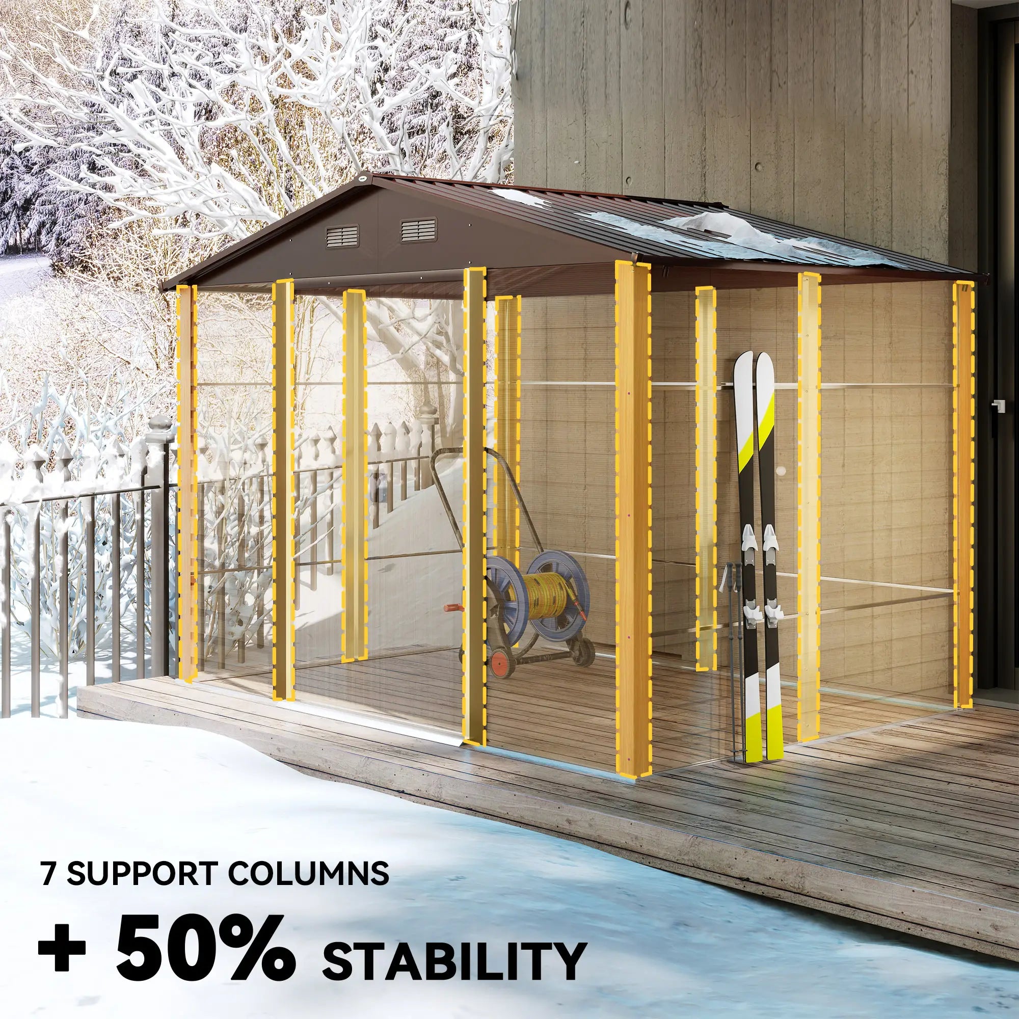 9ft x 6ft Galvanised Steel Shed - Brown Wood-Effect With Sliding Doors