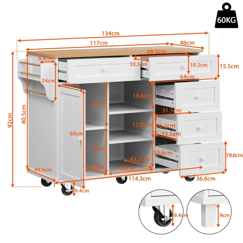 Versatile Dining Trolley with Drawer - Mobile & Fixed Food Cart for Kitchen Storage, 134L x 46W x 92H cm, White