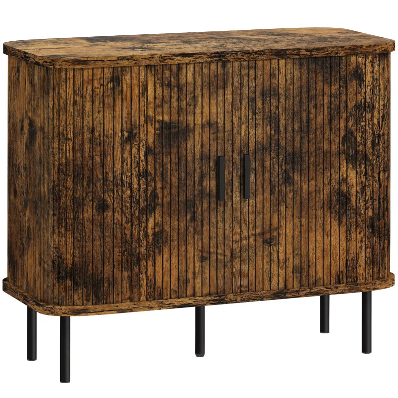 Mid-Century Modern Sideboard Storage Cabinet with Slatted Tambour Doors - Rustic Brown Kitchen Cabinet with Steel Legs