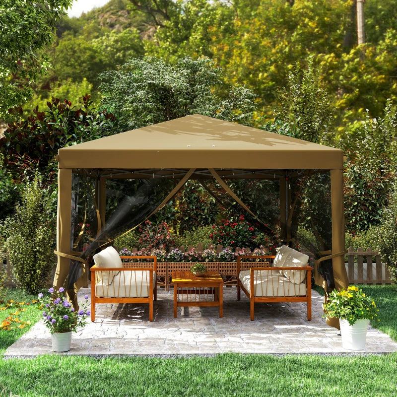 3m x 3m Khaki Pop Up Gazebo - 420D Garden Tent Canopy with Removable Mesh Sidewall Netting & Carry Bag for Outdoor Patio