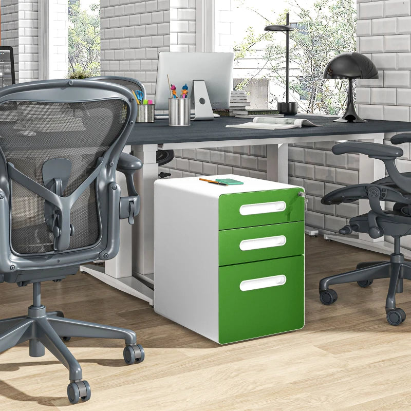 Vinsetto Lockable 3 Drawer Filing Cabinet on Wheels - Steel File Storage for A4, Letter, Legal Files - Green