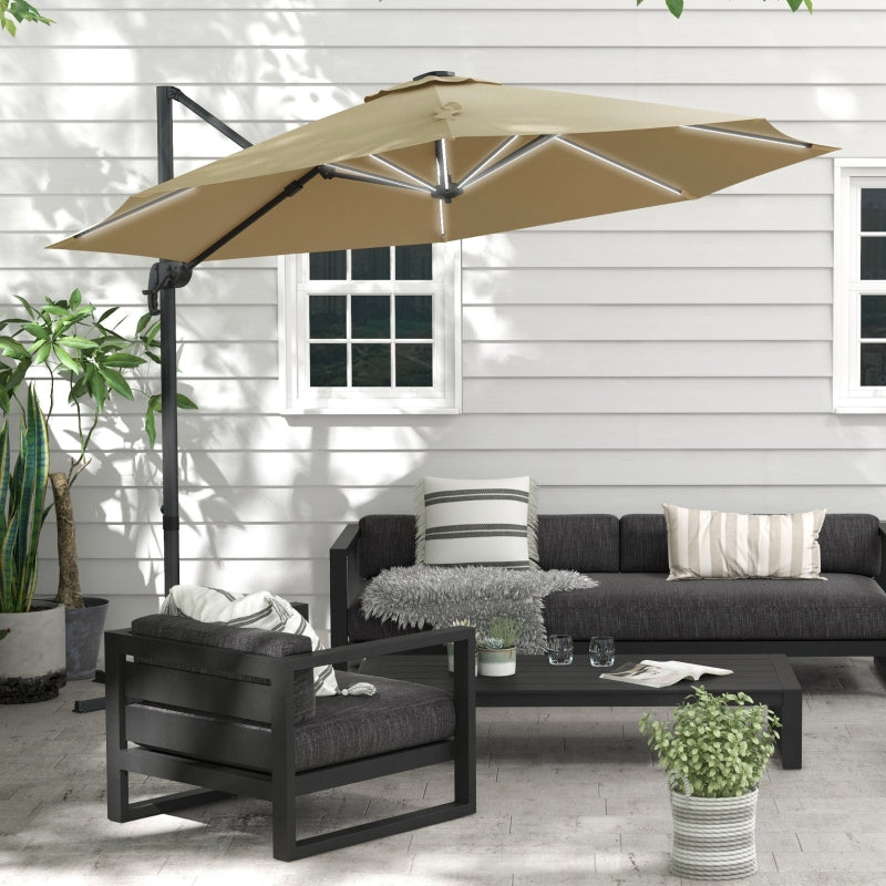 Adjustable Khaki Cantilever Parasol with Solar LED Lights & Base