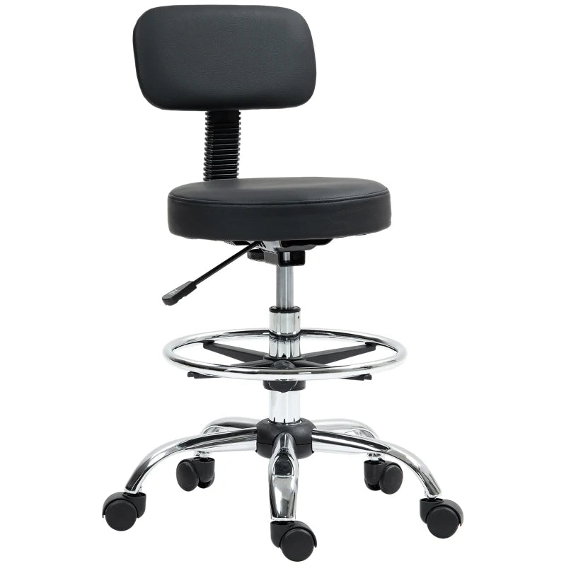 Ergonomic Drafting Chair with Backrest & Adjustable Footrest - Leather Padded Rolling Office Stool for Home & Office, Black