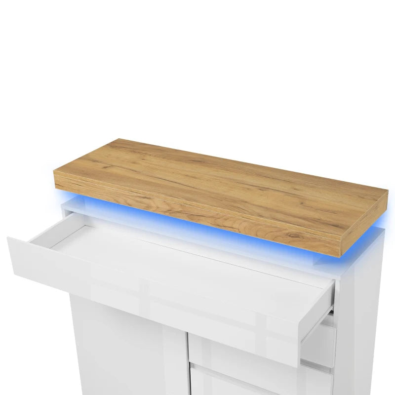 High-Gloss White Chest of Drawers with LED Lighting - 2 Doors & 3 Drawers Sideboard Cabinet, 110x39x115 cm
