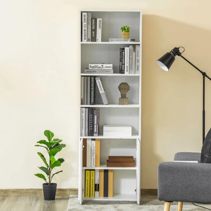 6-Tier Tall Bookcase with 4 Open Shelves & Double Door Storage Cabinet - Freestanding Display Rack for Living Room, Bedroom, Home Office - White