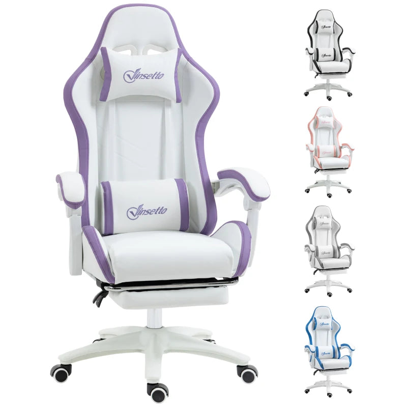 Vinsetto White and Purple Gaming Chair - PU Leather Office Desk Chair with Footrest, 135° Recline, Lumbar Support & Headrest