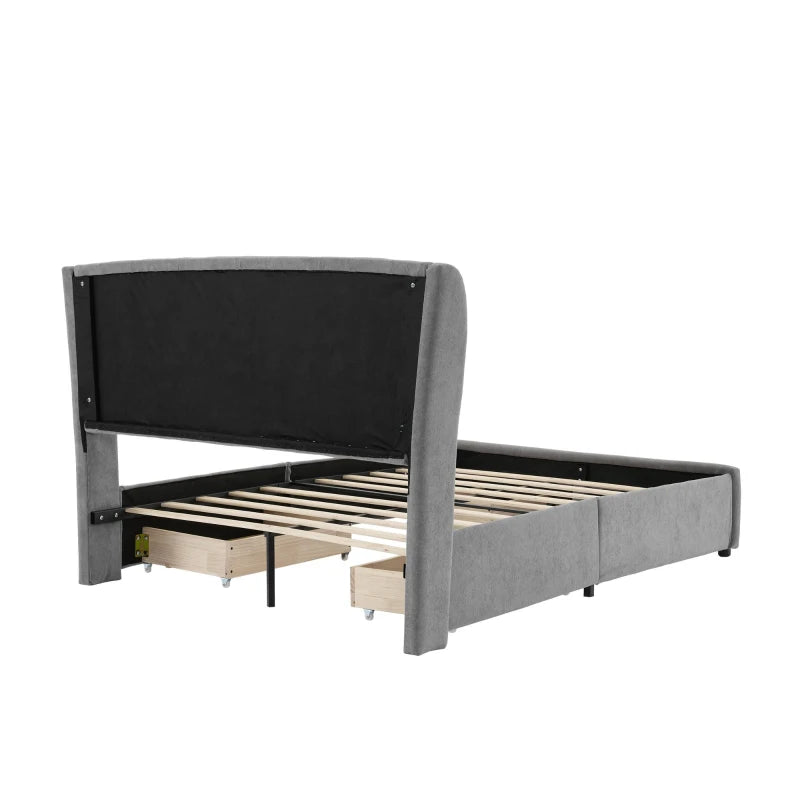 Grey Upholstered Storage Bed with 4 Drawers & Soft Backrest - Metal Frame, 204L x 156W x 106H cm