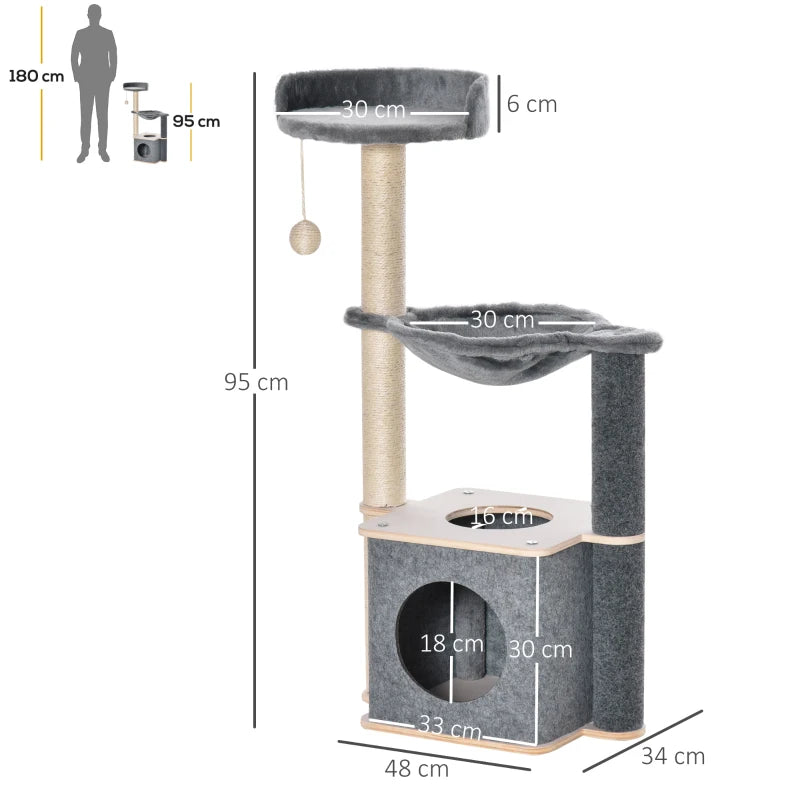 95cm Cat Tree for Indoor Cats - Climbing Tower with Scratching Post, Condo, Hammock & Hanging Toy - Grey