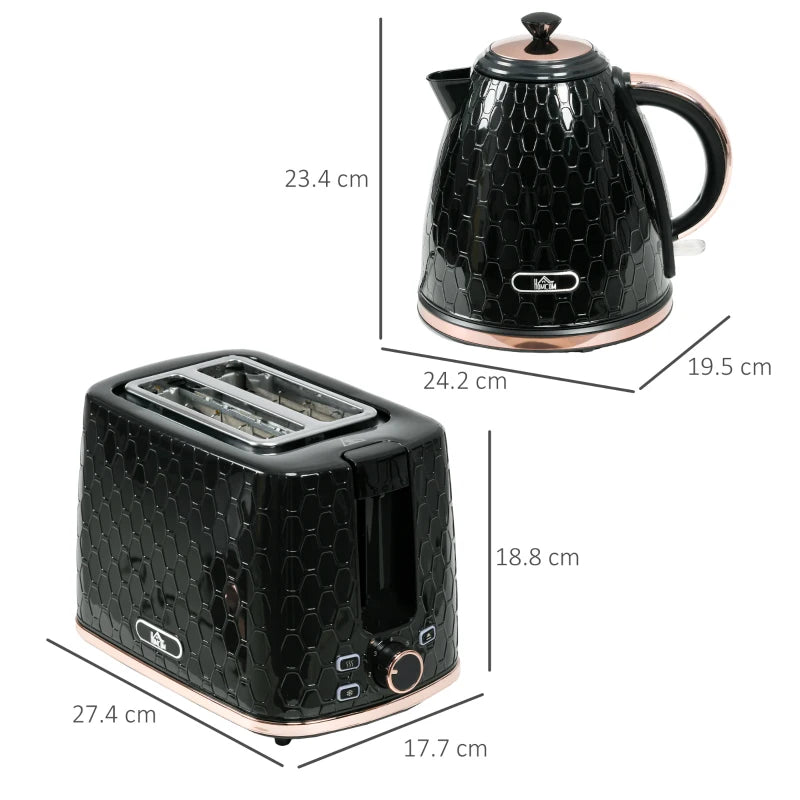 1.7L 3000W Fast Boil Kettle & 2 Slice Toaster Set - Auto Shut Off, Browning Controls, Black Kitchen Essentials