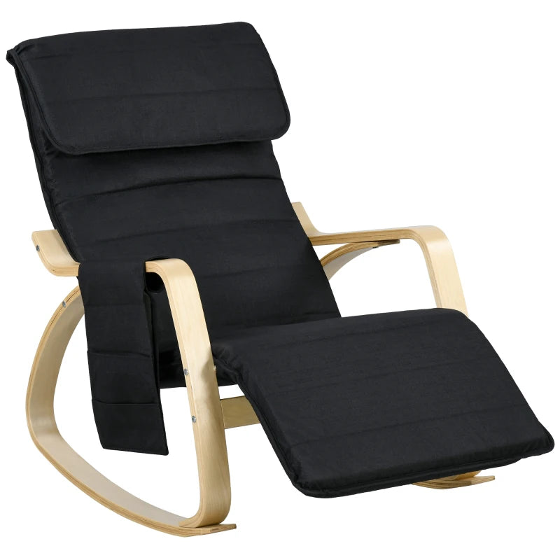 Adjustable Rocking Lounge Chair with Footrest, Side Pocket and Pillow for Ultimate Relaxation in Black