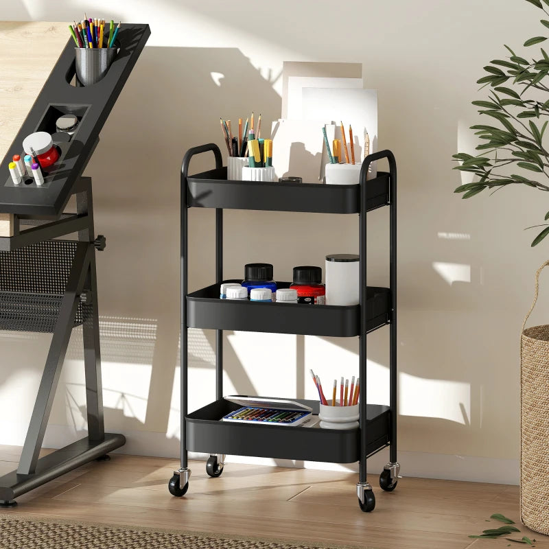 Three-Tier Black Steel Storage Trolley - Versatile Rolling Cart for Kitchen, Office, or Home Organization