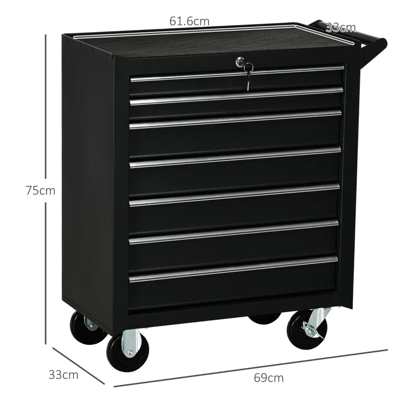 Black 7-Drawer Rolling Tool Chest on Wheels - Fully Lockable Tool Cabinet with Side Handle
