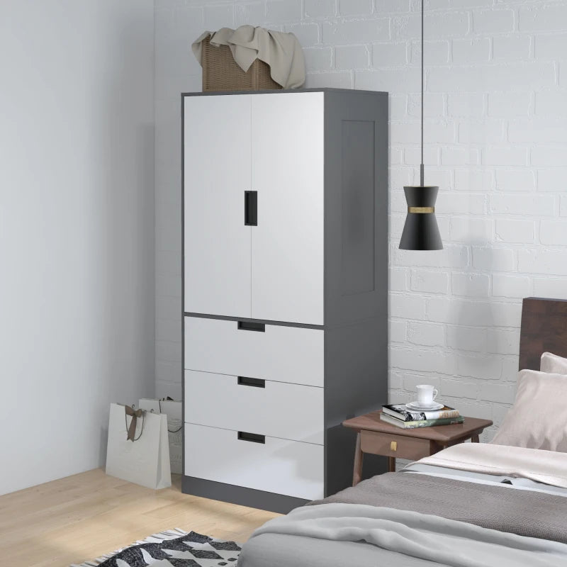 Modern 2 Door Wardrobe with 3 Drawers and Hanging Rod for Stylish Bedroom Storage Grey