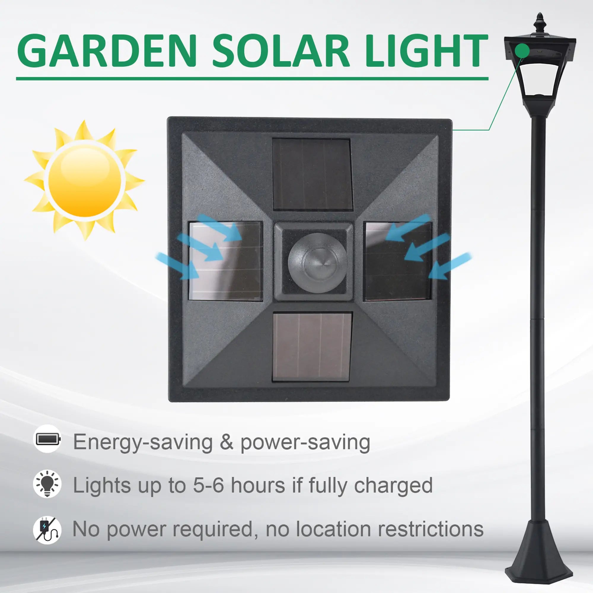 Black Garden Solar Lamp Post Photosensitive LED Lantern - 1.2M Tall