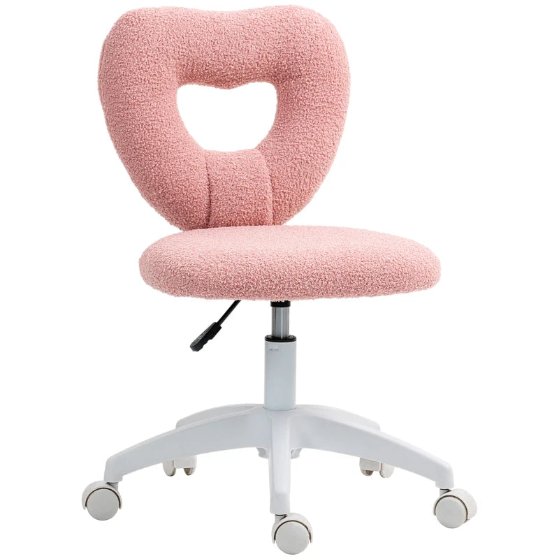 Pink Armless Heart Computer Desk Chair - Teddy Fleece Swivel Office & Makeup Vanity Chair, Height Adjustable with Wheels for Home Study