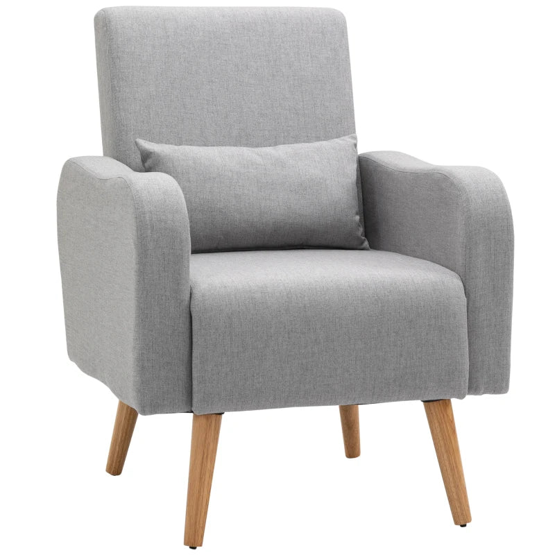 Linen-Touch Accent Chair with Pillow - Upholstered Lounge Sofa for Living Room, Grey Club Chair with Wooden Frame