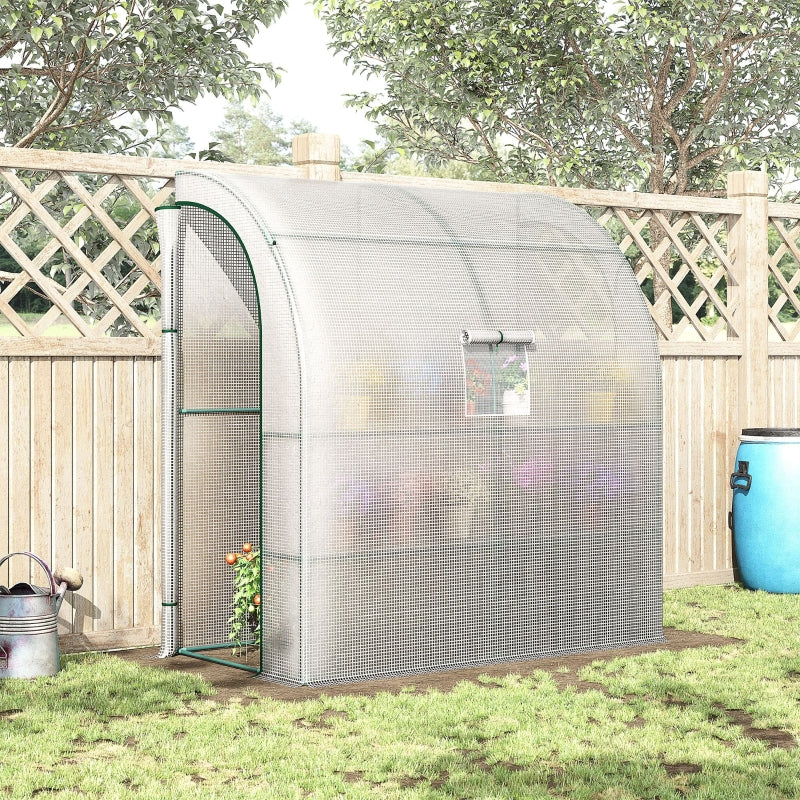 Green Walk-In Lean-to Greenhouse with Windows and Doors - 2 Tiers, 4 Shelves - White