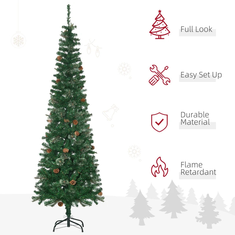 6.5FT Tall Pencil Slim Artificial Christmas Tree with Realistic Branches, Pine Cones & Needles - Perfect Xmas Decoration