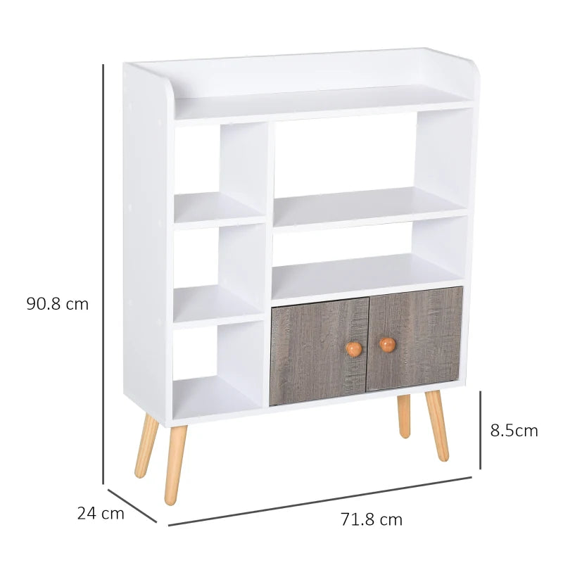 Freestanding Bookcase with Storage Cabinet - 6 Shelves, Wood Legs, White & Grey - Home Office Display, 24D x 71.8W x 90.8H cm