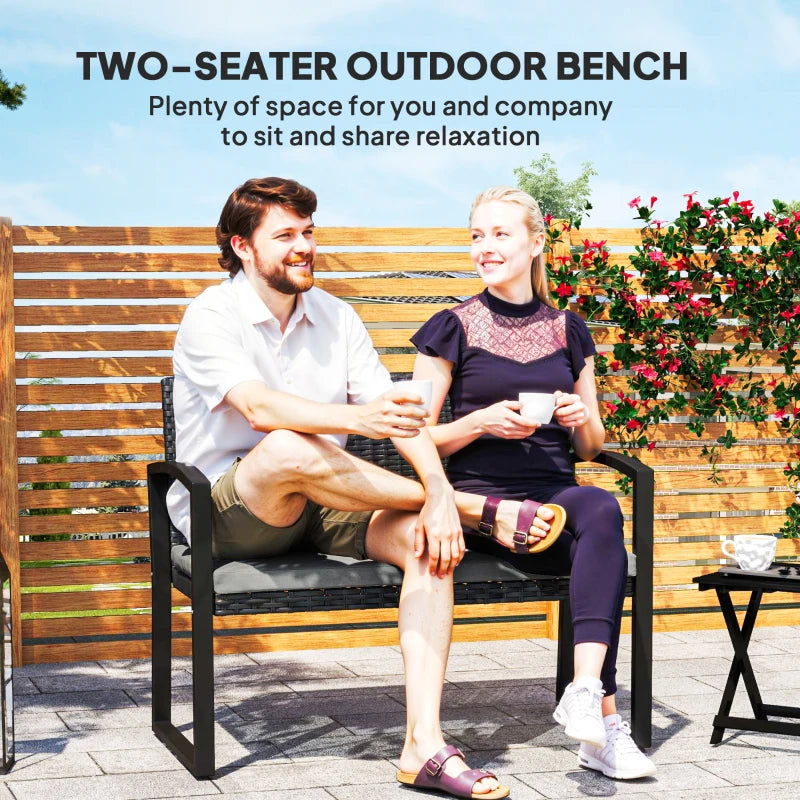 Two-Seater Rattan Garden Bench - Grey and Black Outdoor Seating