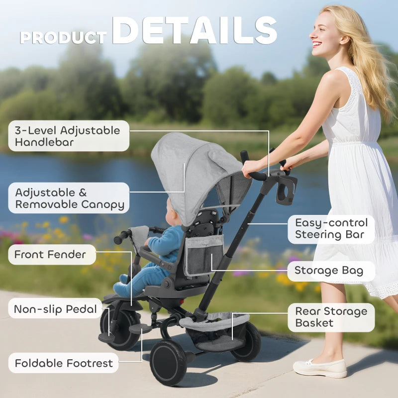 6 in 1 Foldable Kids Trike with Adjustable Parent Handle and Canopy for Ages 1 to 5 Grey