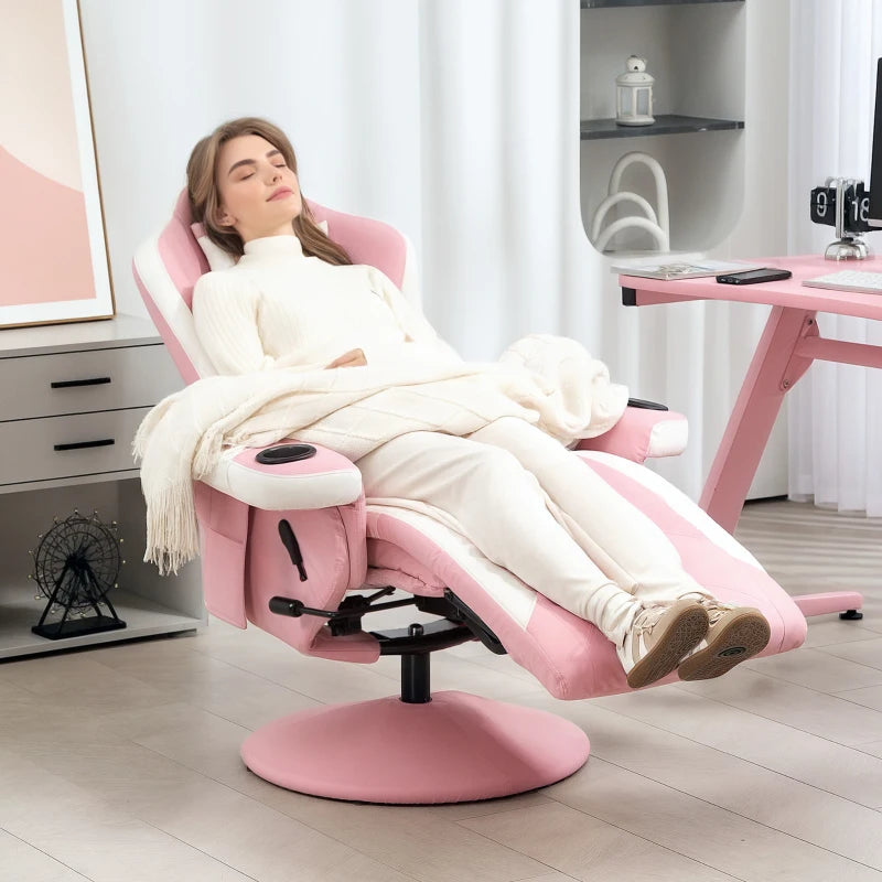 Pink PU Leather Manual Recliner Armchair with Adjustable Leg Rest, 135° Recline and 360° Swivel