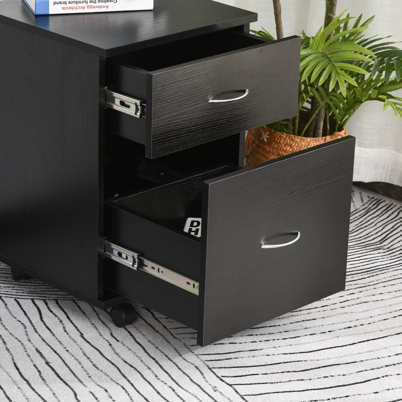 Stylish Black Wood Grain Two Drawer Filing Cabinet on Wheels - Perfect for Home Office Organization