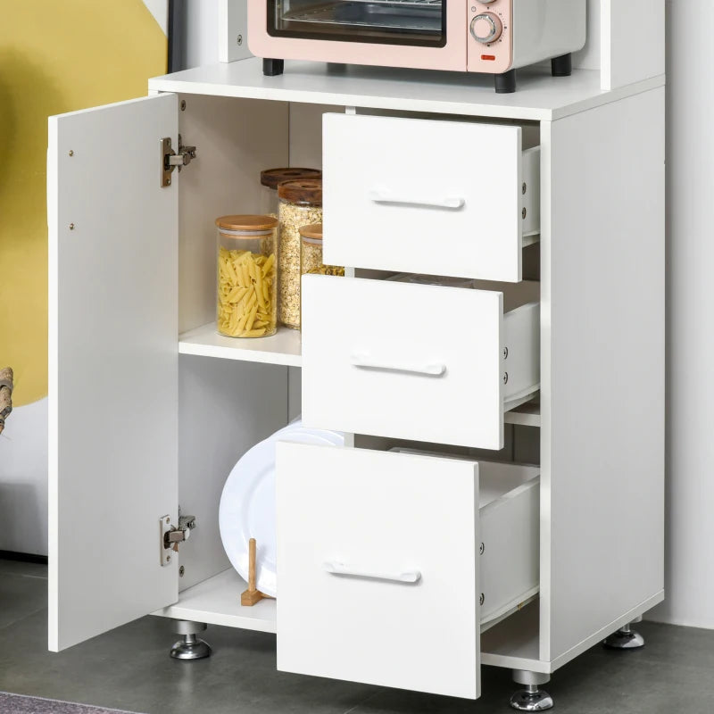 Modern White Kitchen Cupboard with Storage Cabinets, 3 Drawers & Open Countertop - Stylish Living Room Organizer