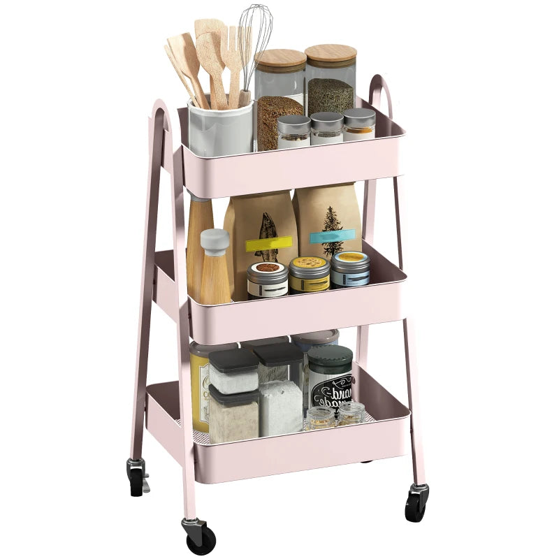 Pink Three-Tier Storage Trolley - Stylish Rolling Cart for Organizing Home, Office, or Kitchen - Versatile and Functional Design
