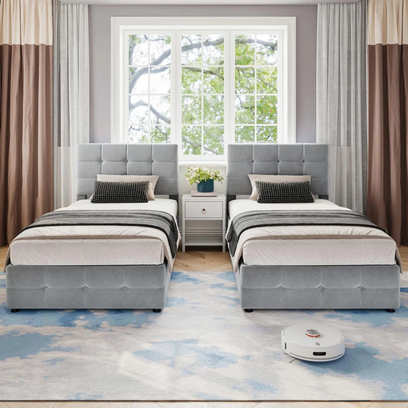 Velvet Upholstered Double Bed with Hydraulic Lift Storage Iron Frame Grey 197x181x105 cm