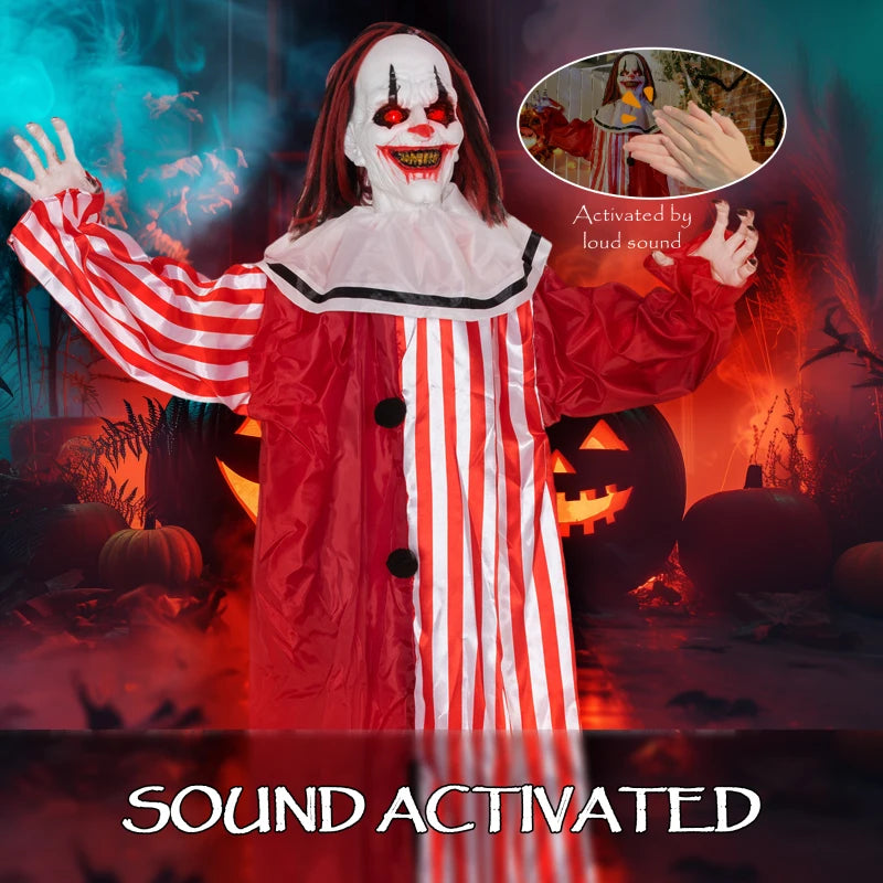 Life Size 165cm Scary Animated Clown with Red Light Up Eyes - Sound Activated Halloween Decoration, Battery Operated Indoor Prop